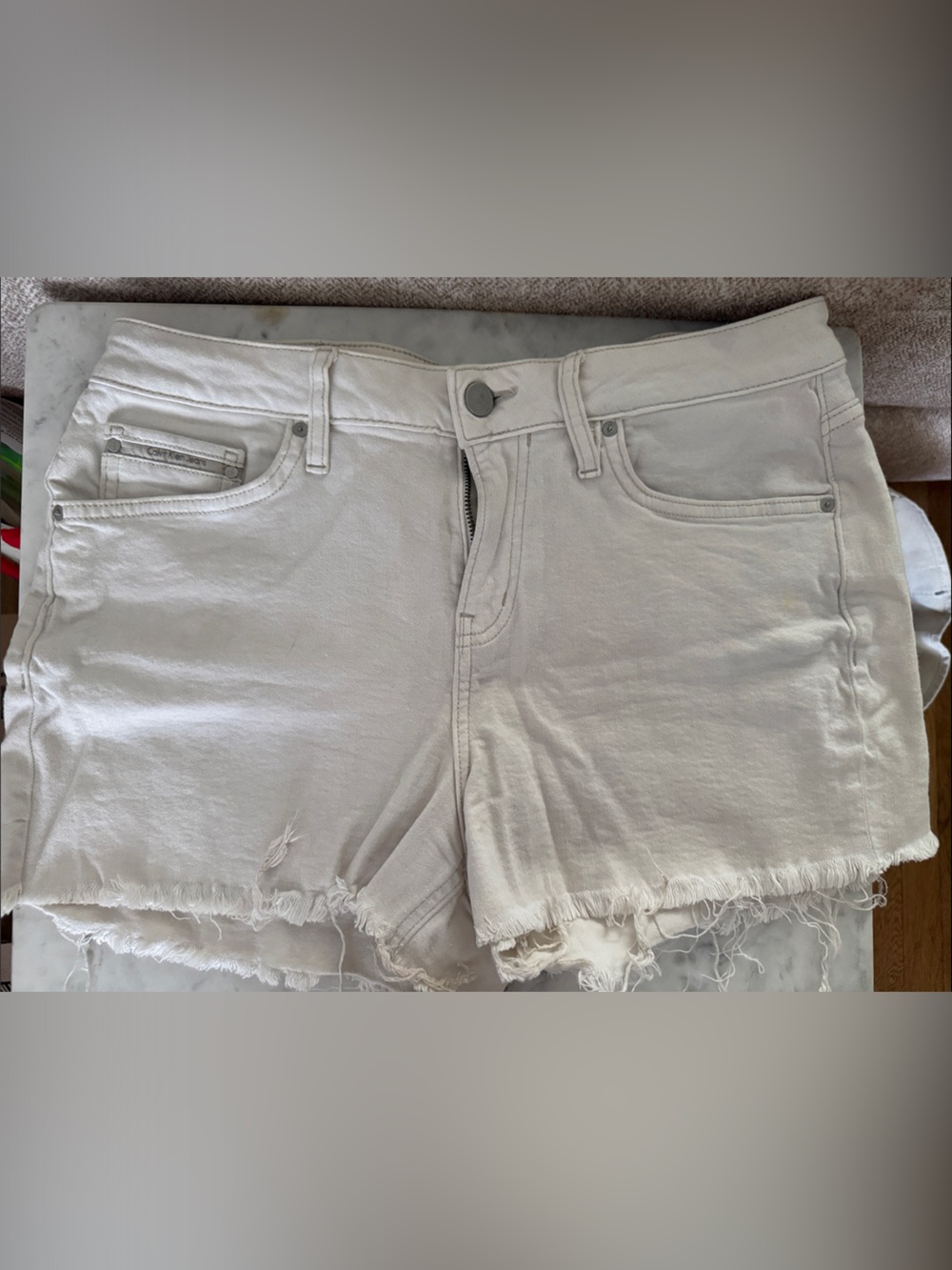 Calvin Klein Jeans White Frayed Hem Denim Shorts